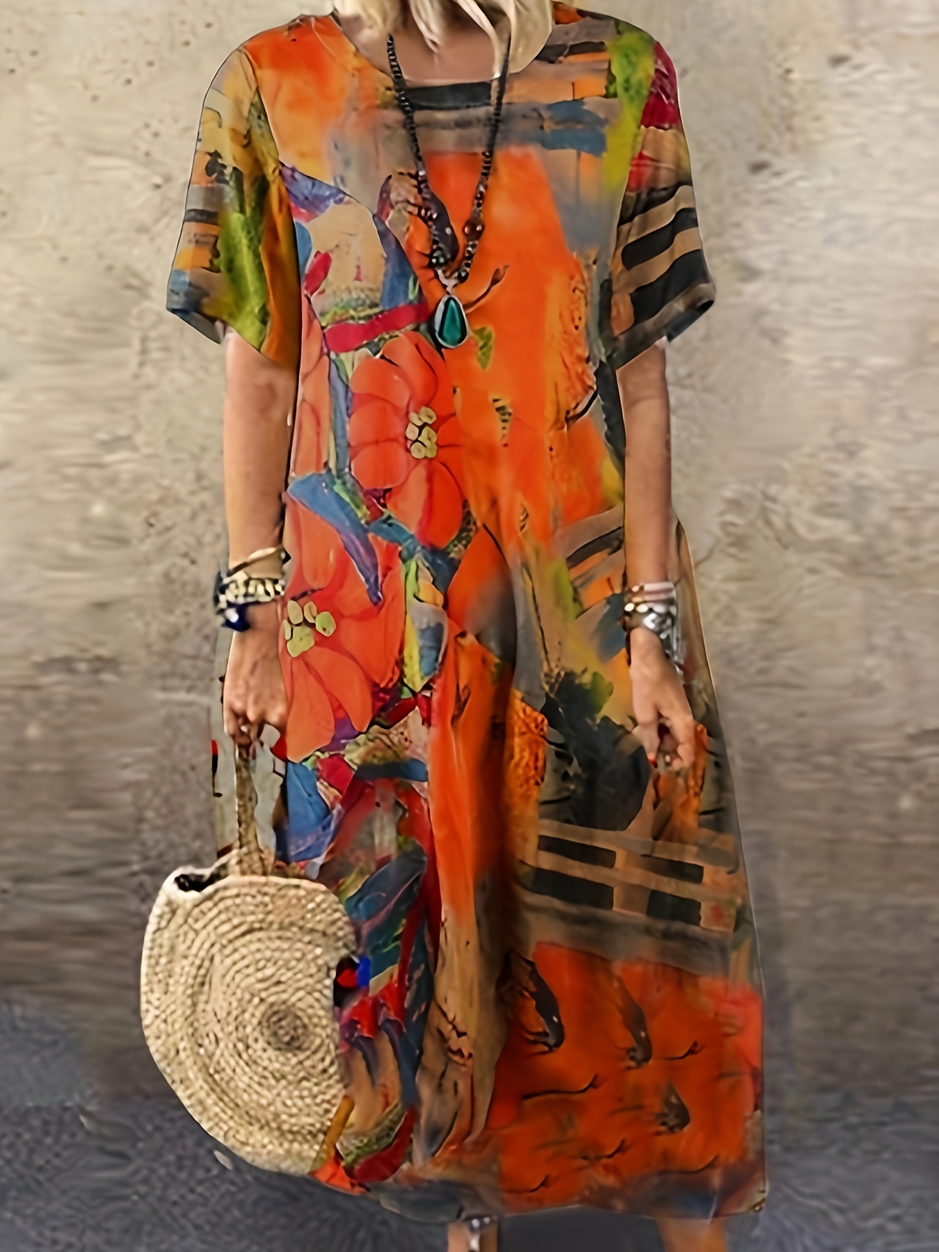 floral print crew neck dress casual short sleeve dress for spring summer womens clothing details 1