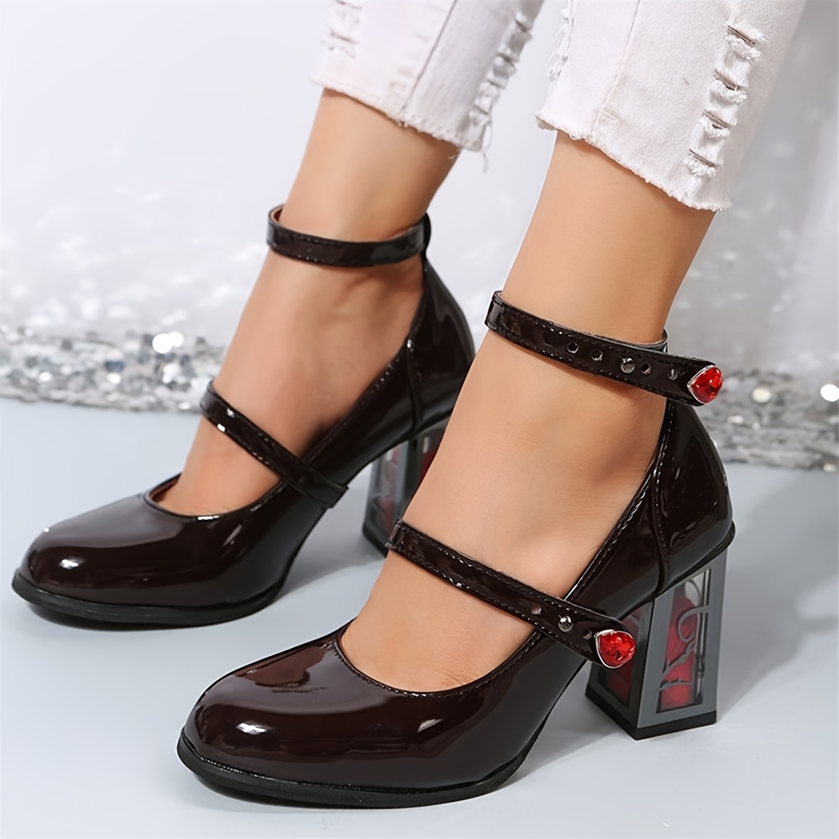 womens solid color trendy shoes slip on casual chunky heel double straps shoes square toe daily shoes details 1
