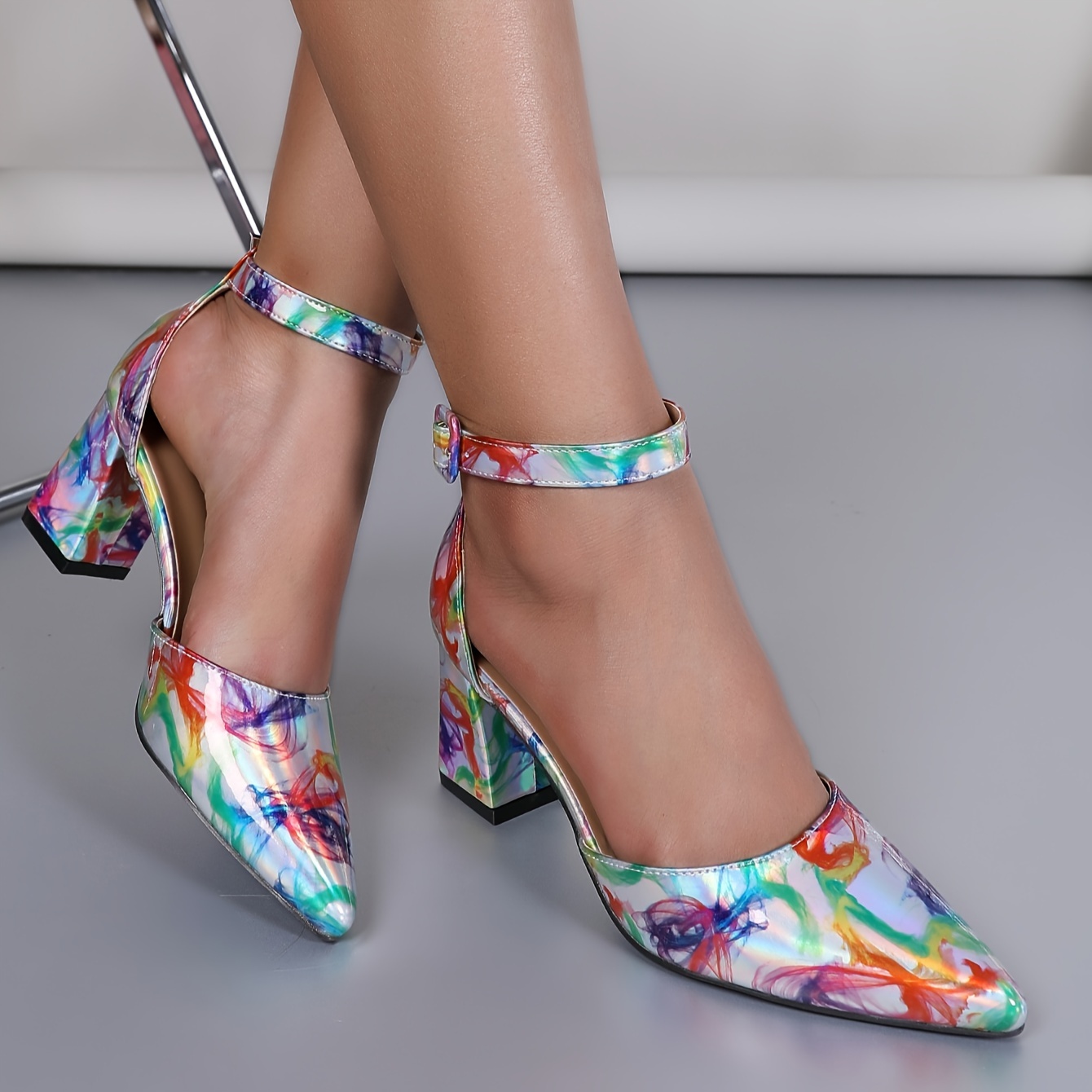 womens colorful chunky heels elegant point toe dress pumps fashion buckle strap party heels carnaval details 1