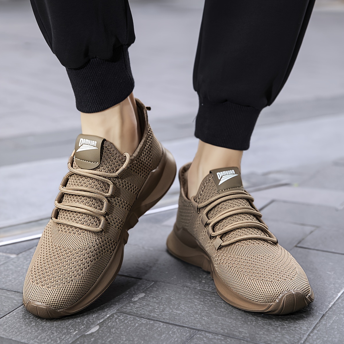 mens trendy lace up knit fabric breathable running shoes comfy soft sole shock absorption sneakers details 9