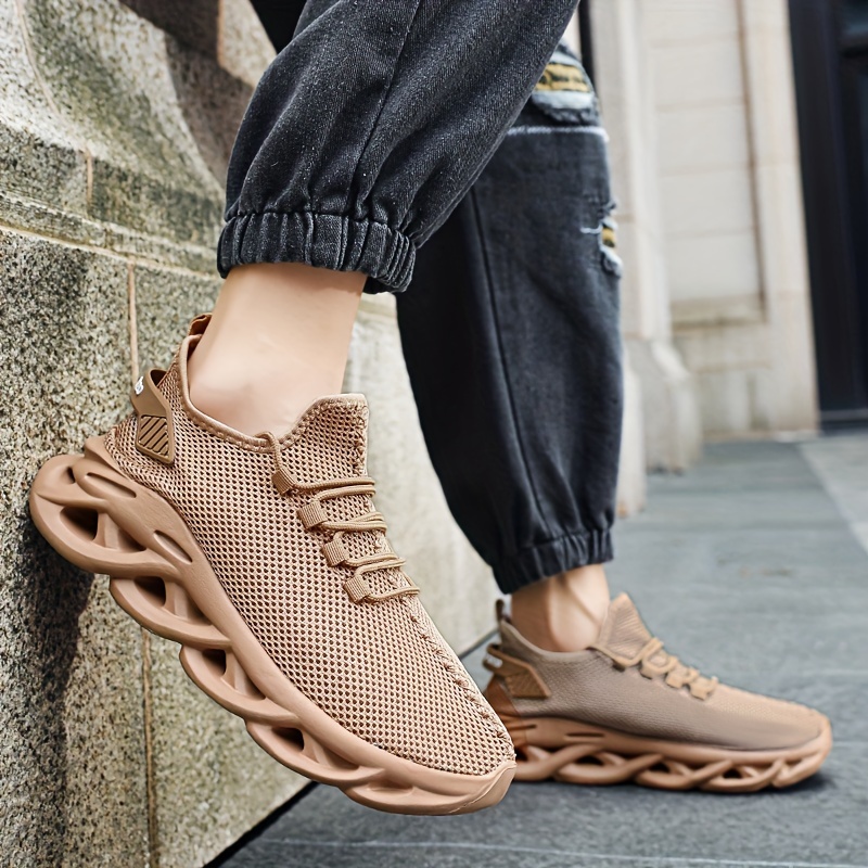 plus size mens trendy solid woven knit breathable blade type sneakers comfy non slip soft sole shoes for mens outdoor activities details 1
