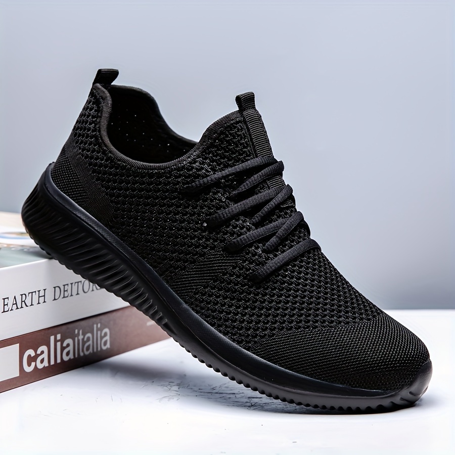 plus size mens solid colour woven knit breathable running shoes comfy non slip durable soft sole sneakers for mens outdoor activities details 1